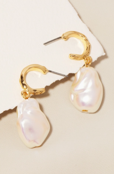 Pearl Charm Warped Metallic Hoop Earrings