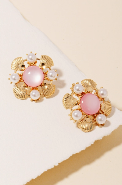 Antique Styled Intricate Stud Earrings - Pink