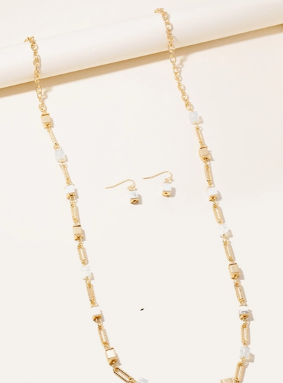 Cube Stone Charms Long Chain Necklace Set