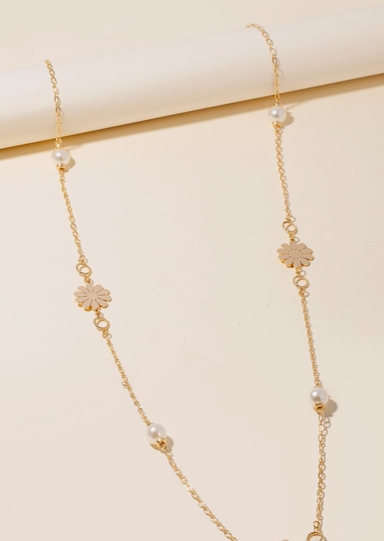 Pearl and Flat Metallic Flower Station Charms Long Necklace
