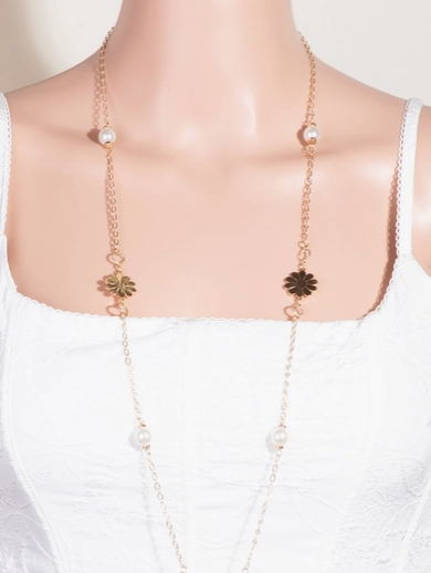 Pearl and Flat Metallic Flower Station Charms Long Necklace